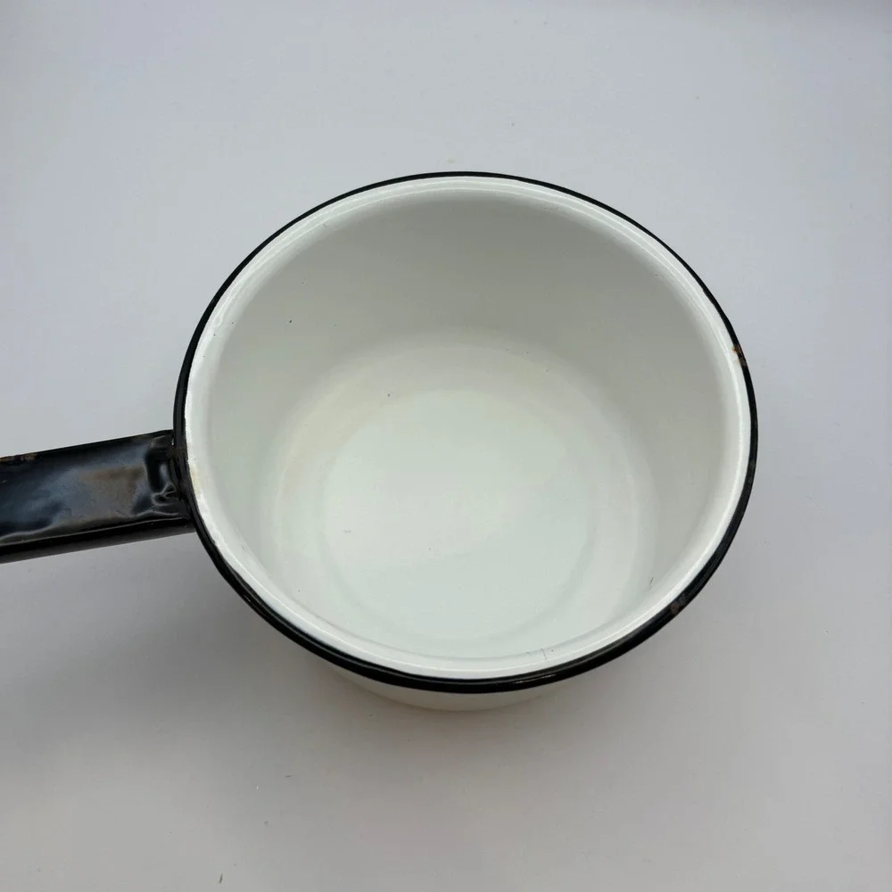 Vintage White Enamelware Double Boiler Saucepan Mug Black Trim Farmhouse 5 Piece
